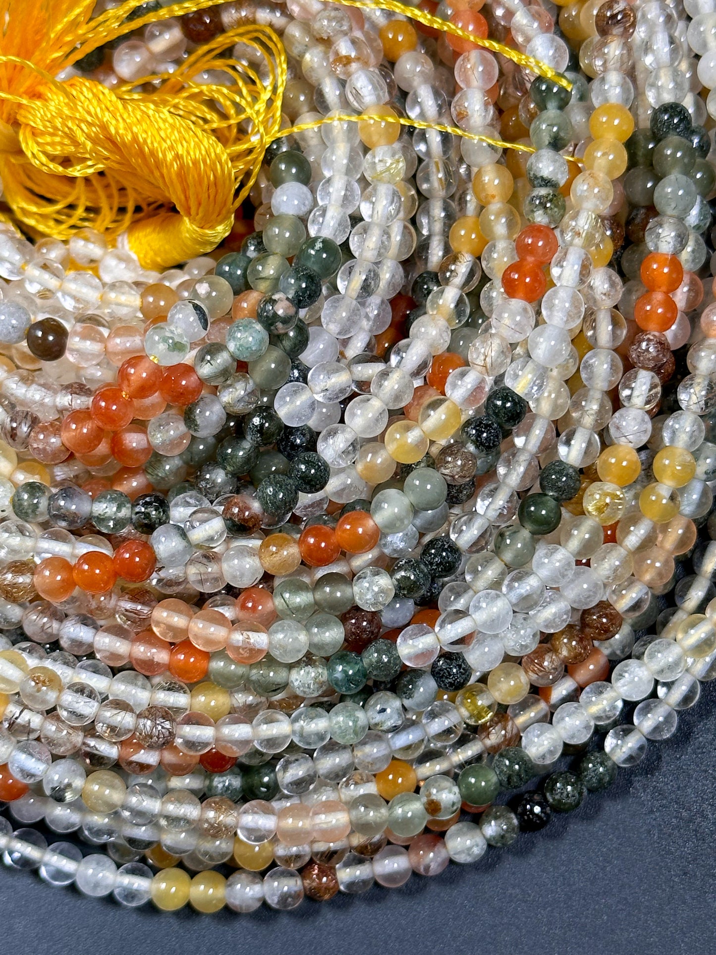 Natural Multi Rutilated Quartz Gemstone Bead 4mm Round Beads, Beautiful Multicolor Clear Yellow Orange Green Rutilated Quartz Beads 15.5"