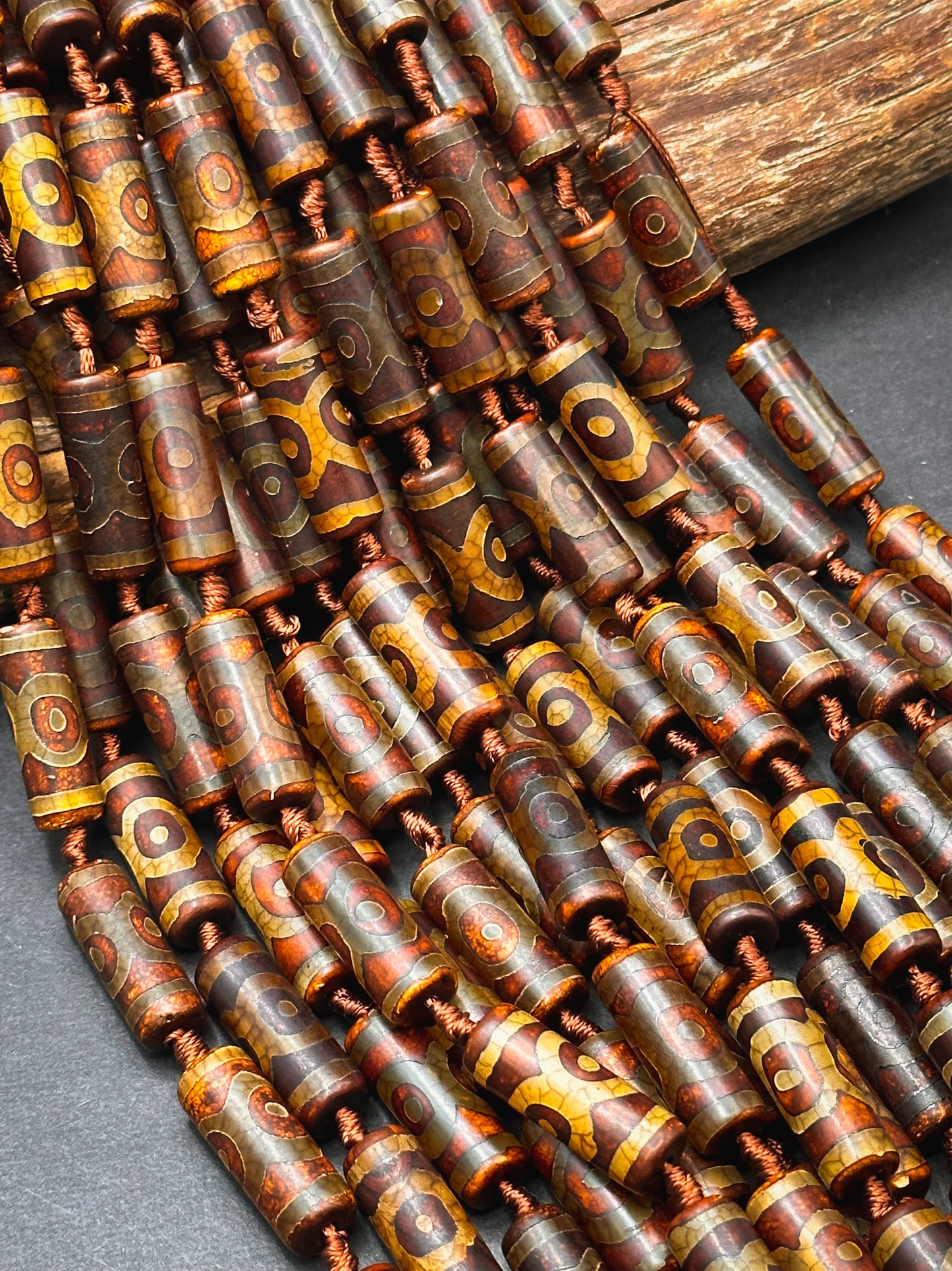 NATURAL Hand Painted Tibetan Agate Gemstone Bead 30x10mm Tube Shape Bead, Beautiful Brown Color Hand Painted Tibetan Beads Full Strand 15.5"