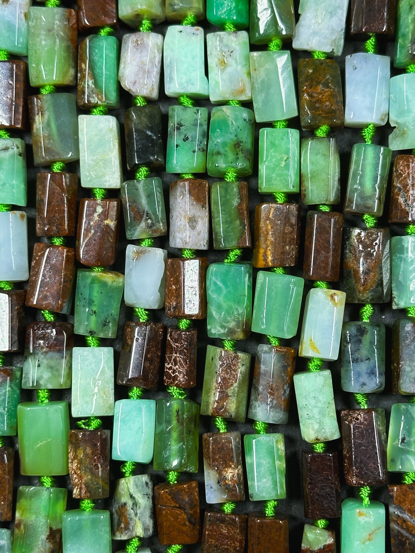 Natural Chrysoprase Gemstone Bead Faceted 12x8mm Tube Shape Bead, Beautiful Natural Green Brown Color Chrysoprase Beads, Full Strand 15.5"