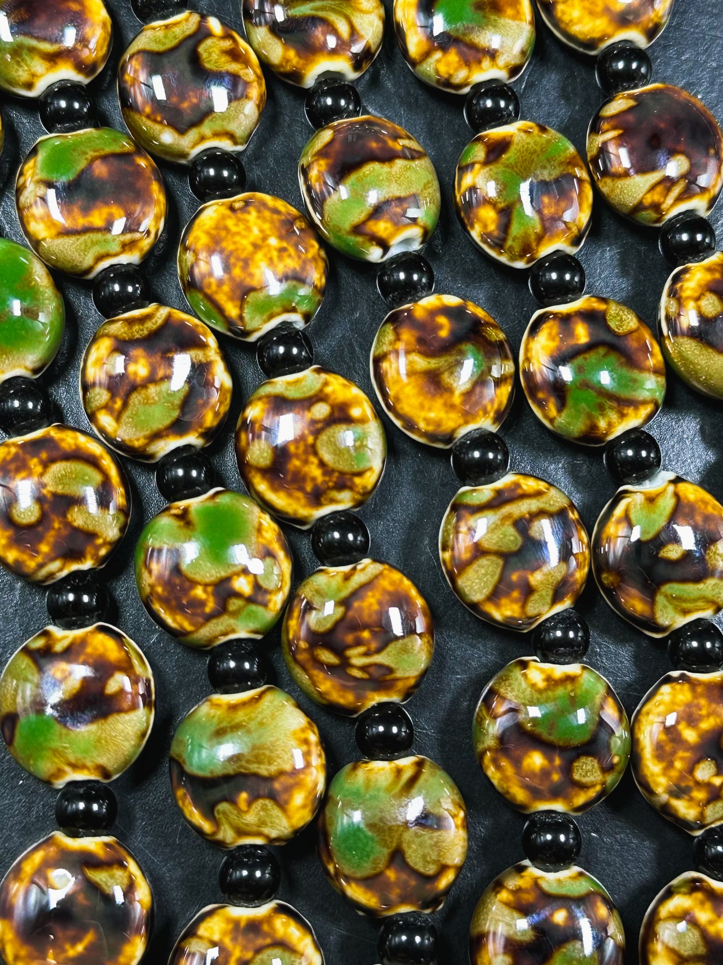 Beautiful Hand Painted Porcelain Beads, 15mm Unique Hand Painted Porcelain Coin Shape Beads, Gorgeous Green Brown Color Porcelain Bead 8"