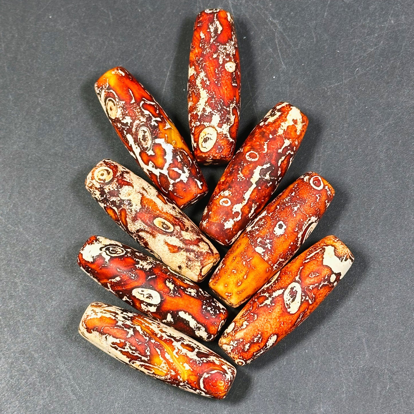AAA Hand Painted Tibetan Gemstone Bead 39x13mm Barrel Shape Bead, Beautiful Orange Beige Color Unique Design Tibetan Agate LOOSE BEADS