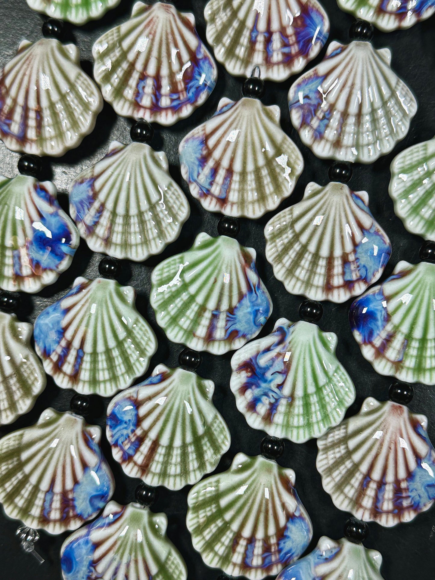 Beautiful Hand Painted Porcelain Beads, 31x28mm Unique Hand Painted Porcelain Scallop Shape Beads, Gorgeous Multicolor Porcelain Bead 9"