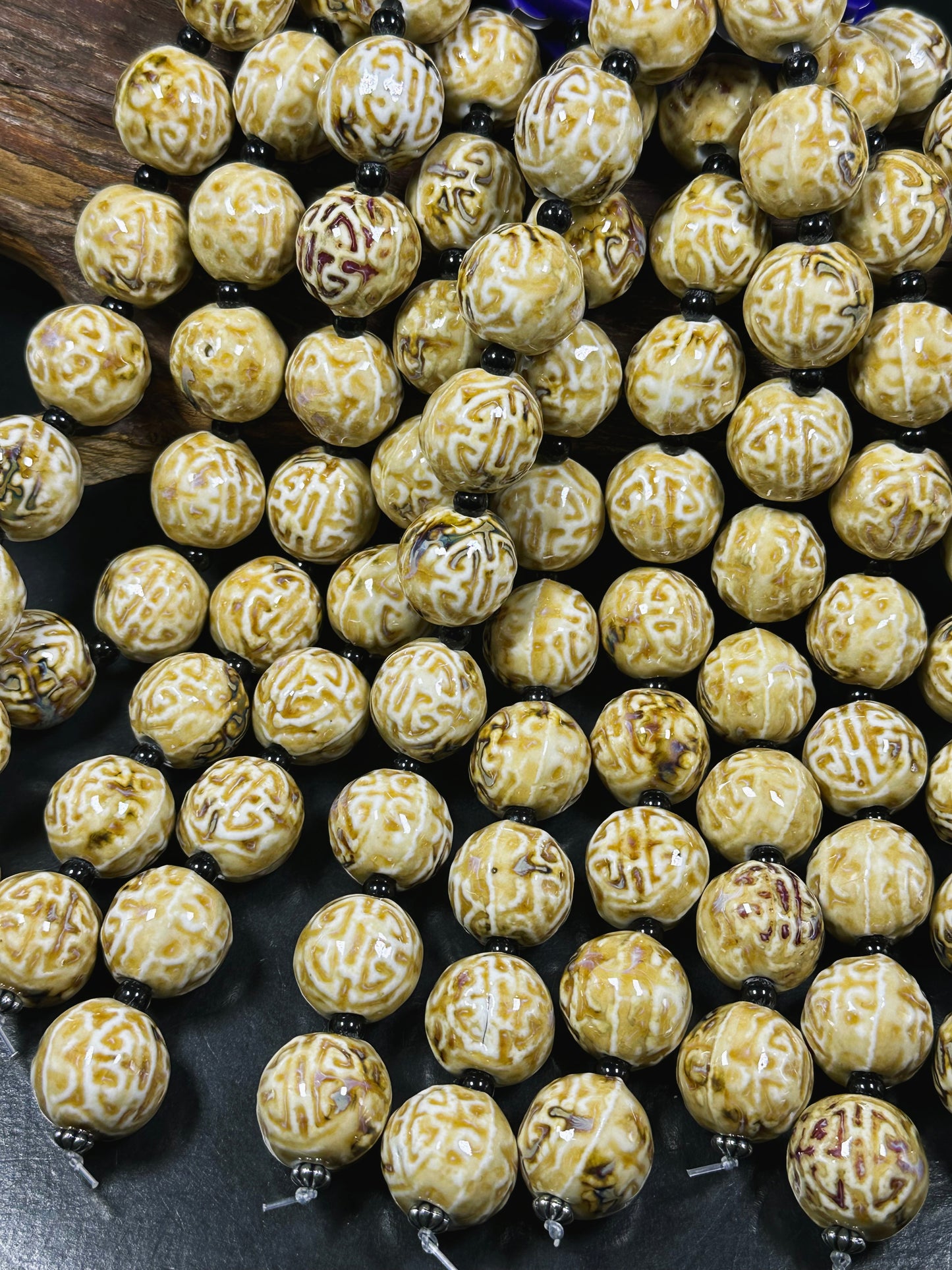 Beautiful Hand Painted Porcelain Beads, 20mm Unique Design Hand Painted Porcelain Round Shape Beads, Gorgeous Beige Color Porcelain Bead 8"