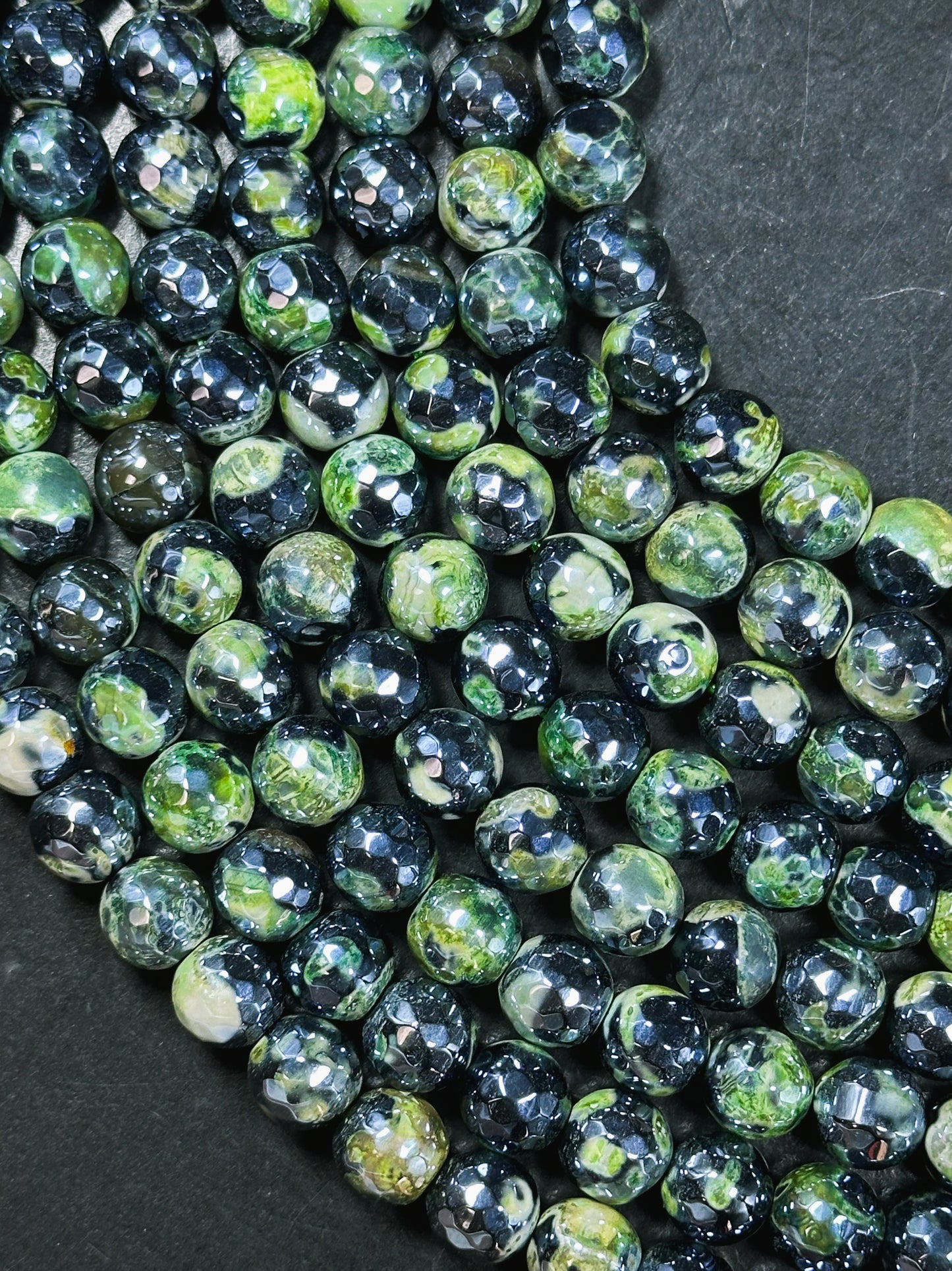 Mystic Natural Tibetan Agate Gemstone Bead Faceted 8mm 10mm Round Beads, Beautiful Mystic Green Black Agate Stone Beads, Full Strand 15.5"