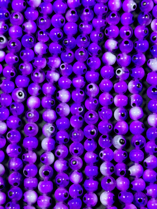 Beautiful Purple Evil Eye Glass Beads 6mm Round Beads, Beautiful Purple Clear Color Evil Eye Amulet Glass Beads, Full Strand Glass Beads