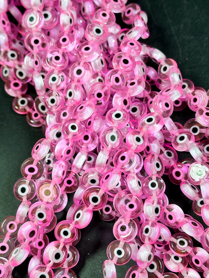 Beautiful Evil Eye Glass Beads 6mm 8mm 10mm Flat Coin Shape, Beautiful Pink Clear Color Evil Eye Glass Beads, Religious Amulet Prayer Beads