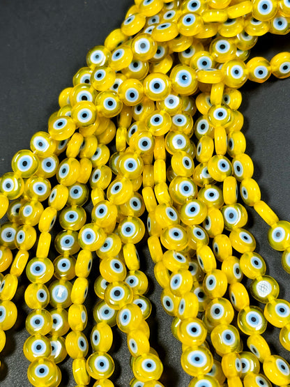 Beautiful Evil Eye Glass Bead 6mm Flat Coin Shape, Beautiful Yellow Color with BLUE Eyes Evil Eye Glass Beads, Religious Amulet Prayer Beads