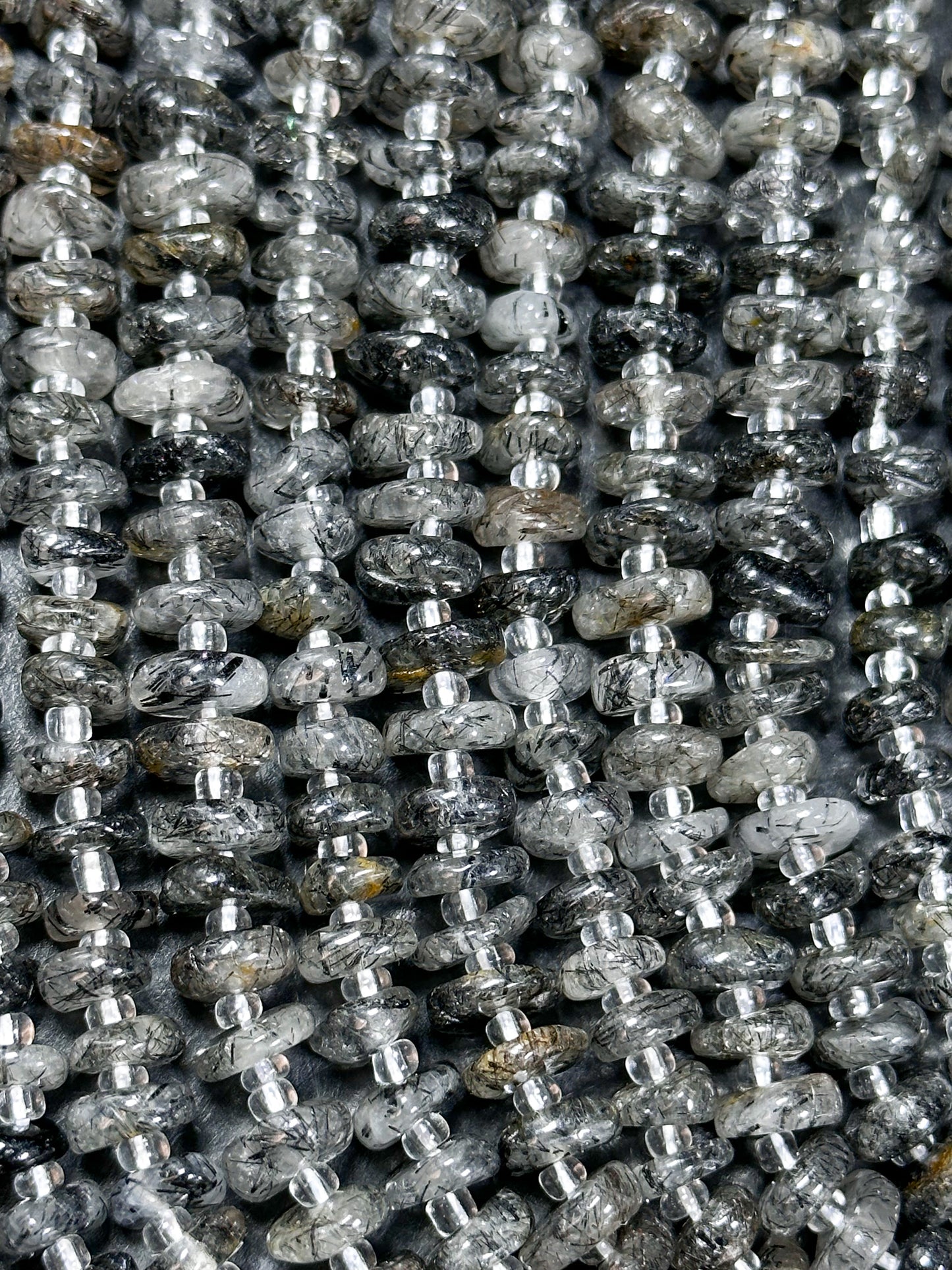 NATURAL Rutilated Quartz Gemstone Bead 7-9mm Freeform Rondelle Shape Beads, Beautiful Black Gray Color Black Hairs Loose Bead 15.5" Strand