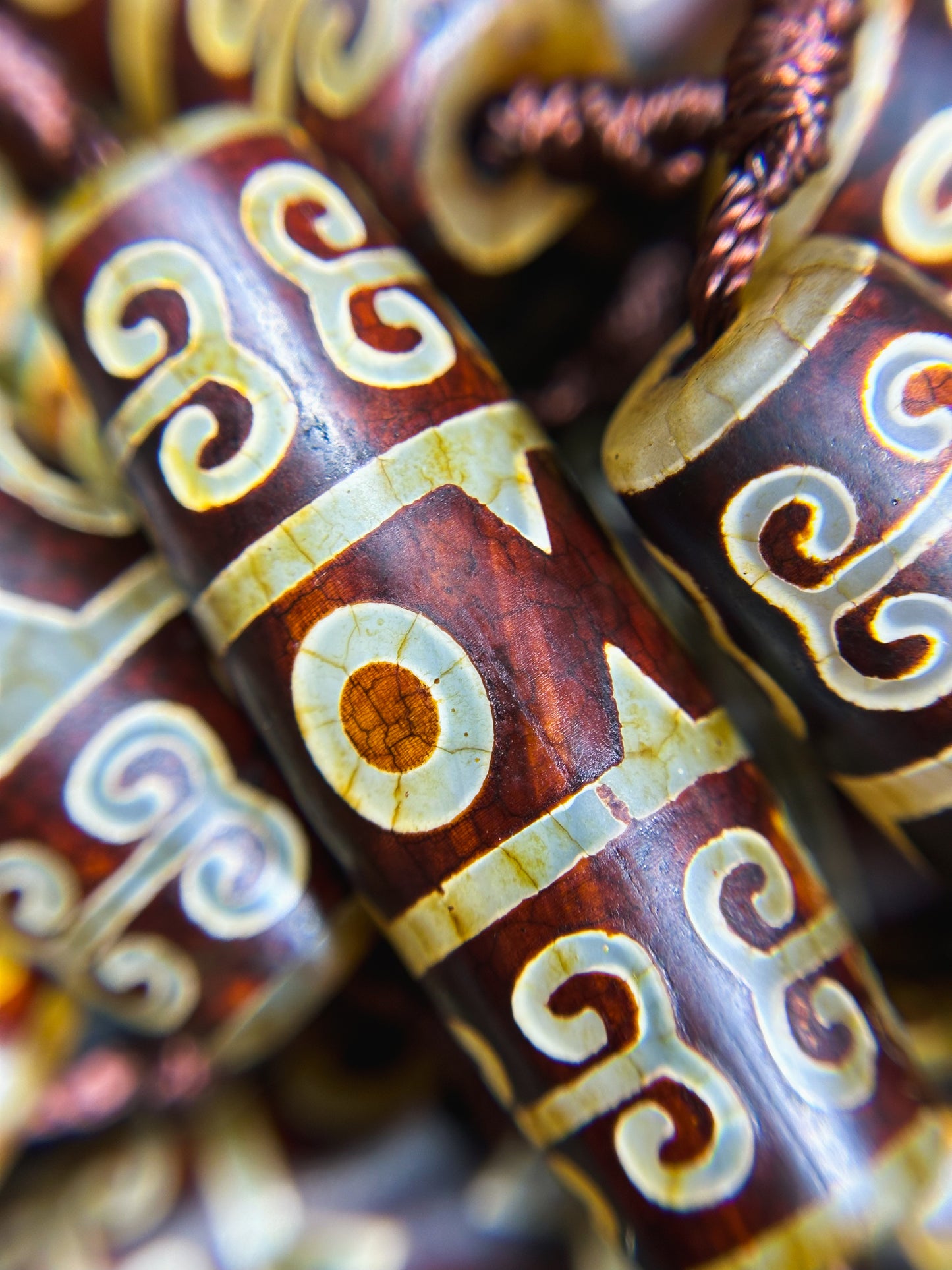 Natural Tibetan Gemstone Bead 39x13mm Barrel Shape Bead, Beautiful Brown Hand Painted Design Tibetan Beads, Great Quality Full Strand 15.5"