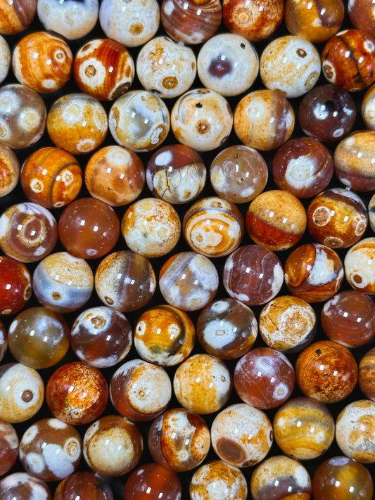 Natural Eye Agate Gemstone Bead 8mm 10mm Round Beads, Gorgeous Orange Red Beige Color Agate Gemstone Beads, Excellent Quality Full Strand 15.5"