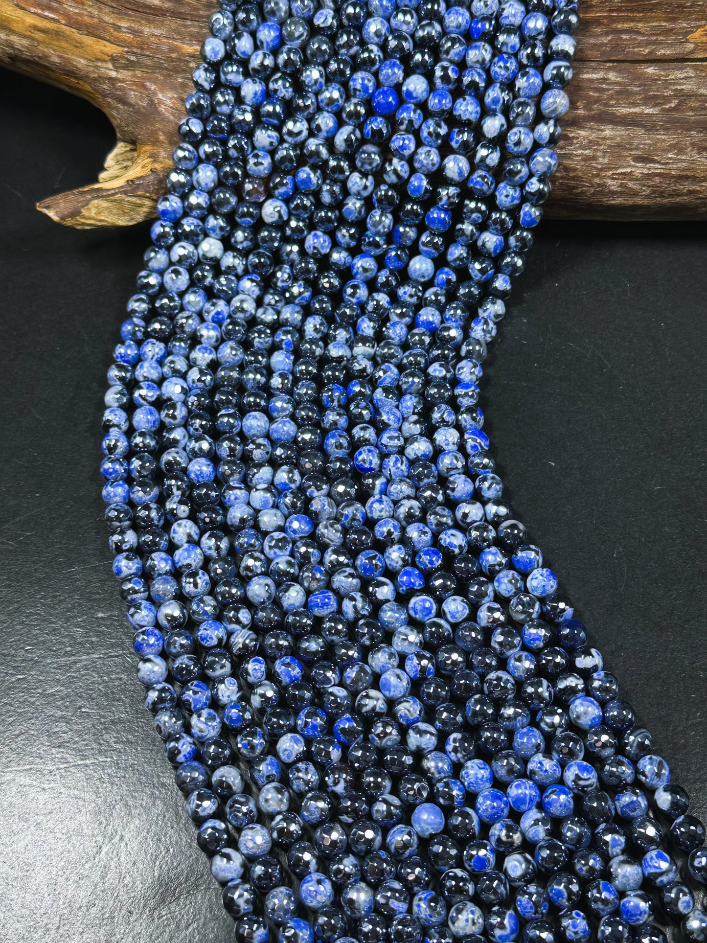 Mystic Natural Tibetan Agate Gemstone Bead Faceted 8mm 10mm Round Beads, Beautiful Mystic Blue Black Agate Stone Beads, Full Strand 15.5"