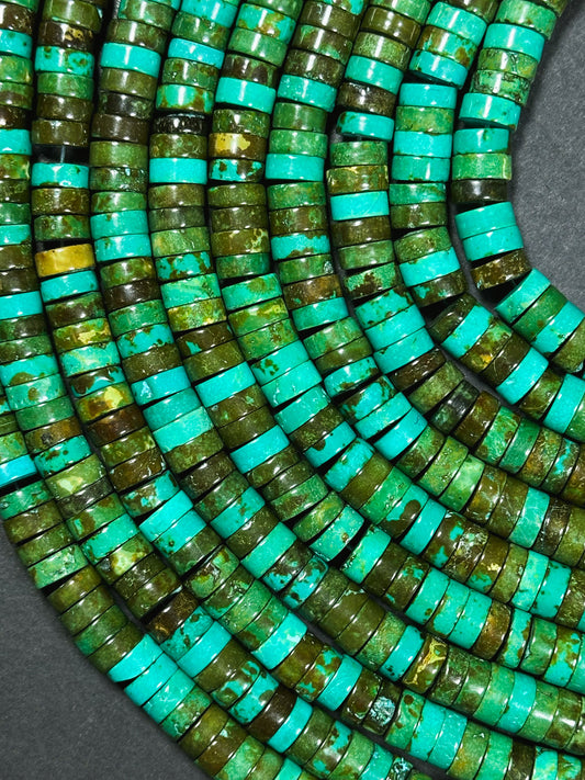 Natural Chinese Turquoise Gemstone Bead 8x3mm Heishi Shape, Beautiful Green Blue Brown Color Turquoise Beads, Great Quality 15.5" Strand