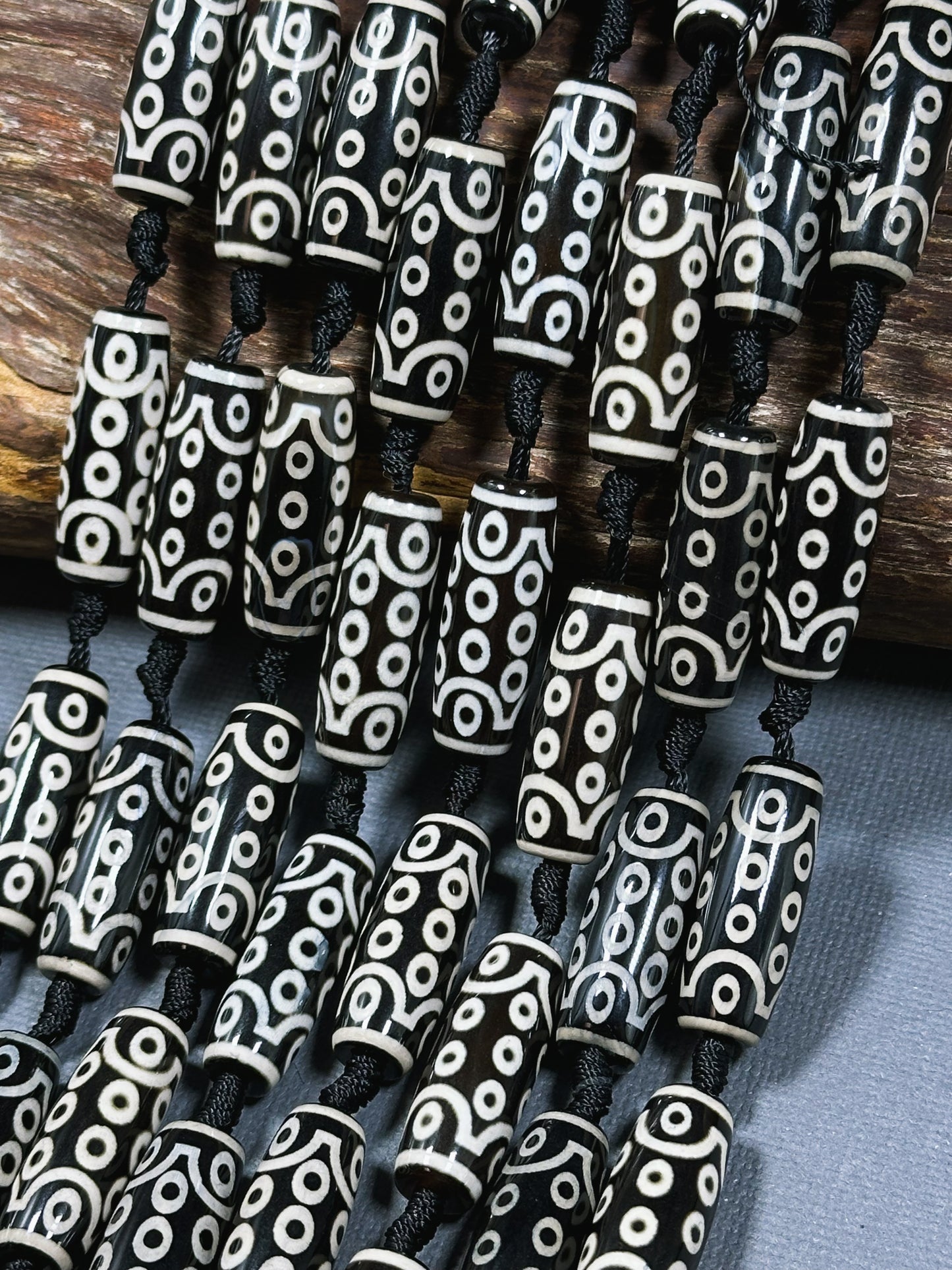 Natural Tibetan Gemstone Bead 29x10mm Barrel Shape Bead, Beautiful Black White Hand Painted Unique Design Tibetan Bead, Full Strand 15.5"