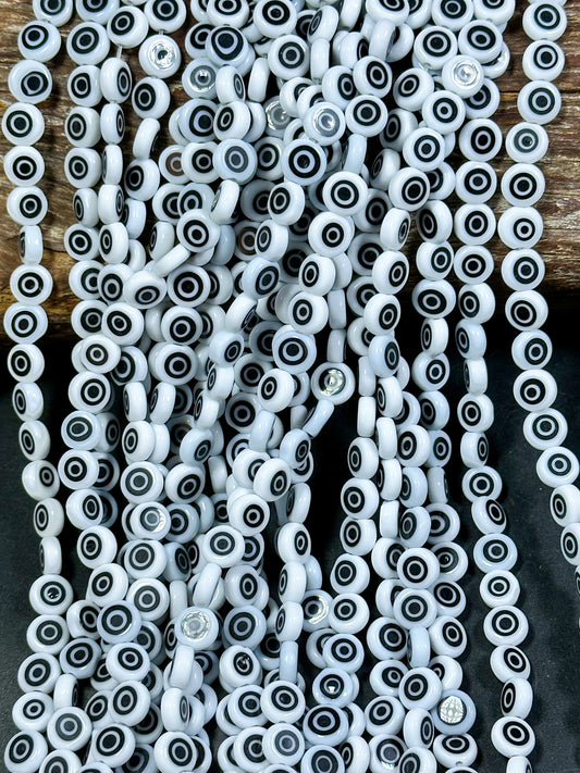 Beautiful Evil Eye Glass Beads 6mm 8mm Flat Coin Shape, Beautiful White with Black Eyes Evil Eye Glass Beads, Religious Amulet Prayer Beads