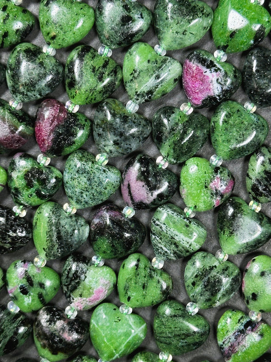 Natural Ruby Zoisite Gemstone Bead 14mm Heart Shape, Beautiful Natural Green Ruby Red Color Zoisite Bead Great Quality Full Strand 15.5"