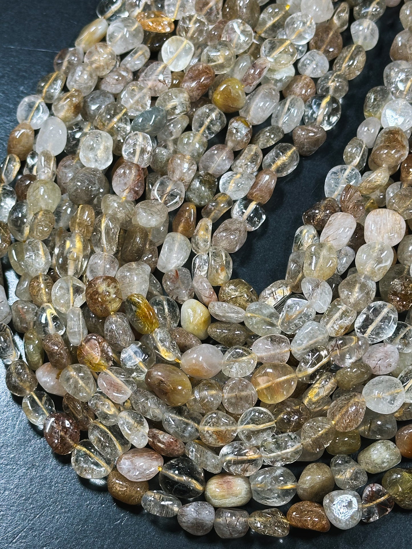 Natural Rutilated Quartz Gemstone Bead 10-13mm Freeform Pebble Shape, Gorgeous Natural Color Rutilated Quartz Excellent Quality 15.5" Strand