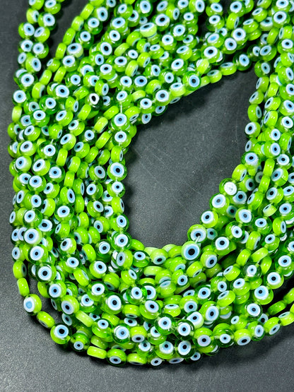 Beautiful Evil Eye Glass Beads 6mm Flat Coin Shape, Beautiful Green with Blue Eye Color Evil Eye Beads, Religious Amulet Prayer Beads