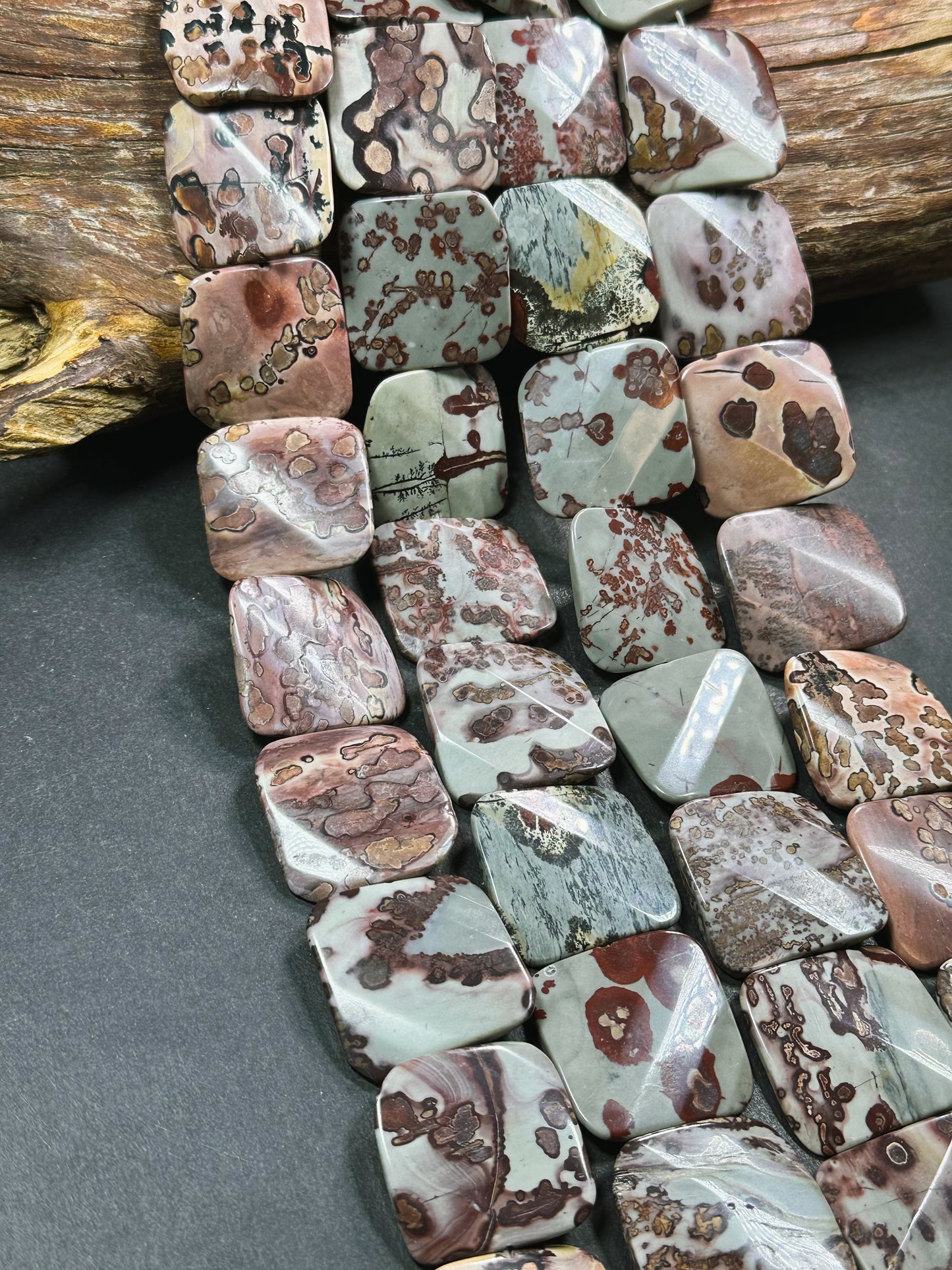 Natural Orbicular Jasper Gemstone Bead 30mm Curved Square Shape, Beautiful Natural Gray Brown Color Jasper Stone Bead, Full Strand 15.5"