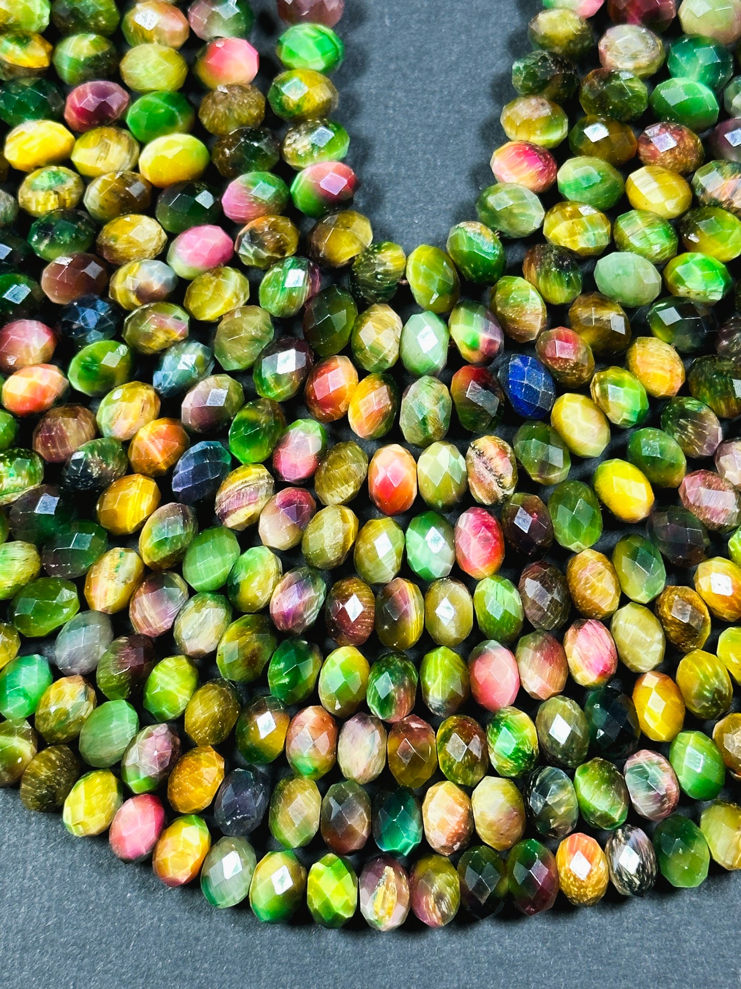 Beautiful Galaxy Tiger Eye Gemstone Bead Faceted 8x5mm Rondelle Shape, Gorgeous Multicolor Green Yellow Tiger Eye Beads Full Strand 15.5"