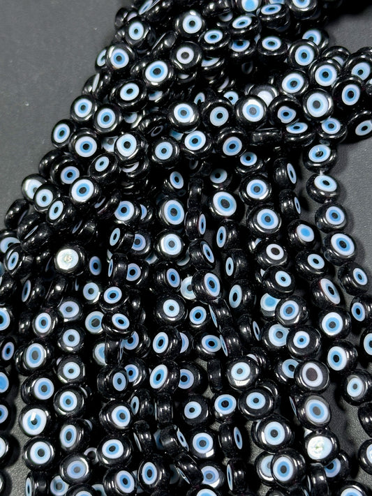 Beautiful Evil Eye Glass Bead 6mm Flat Coin Shape, Beautiful Black Color with BLUE Eyes Evil Eye Glass Beads, Religious Amulet Prayer Beads