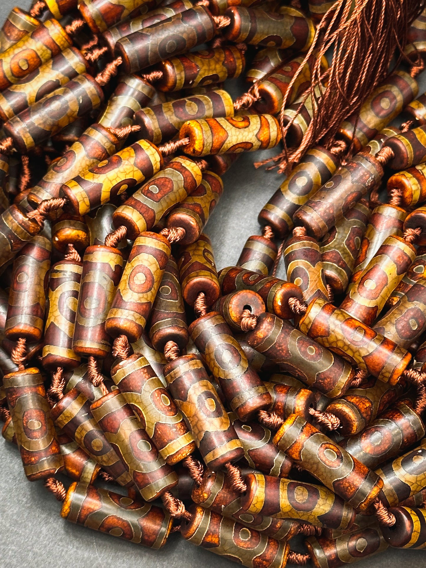 NATURAL Hand Painted Tibetan Agate Gemstone Bead 30x10mm Tube Shape Bead, Beautiful Brown Color Hand Painted Tibetan Beads Full Strand 15.5"