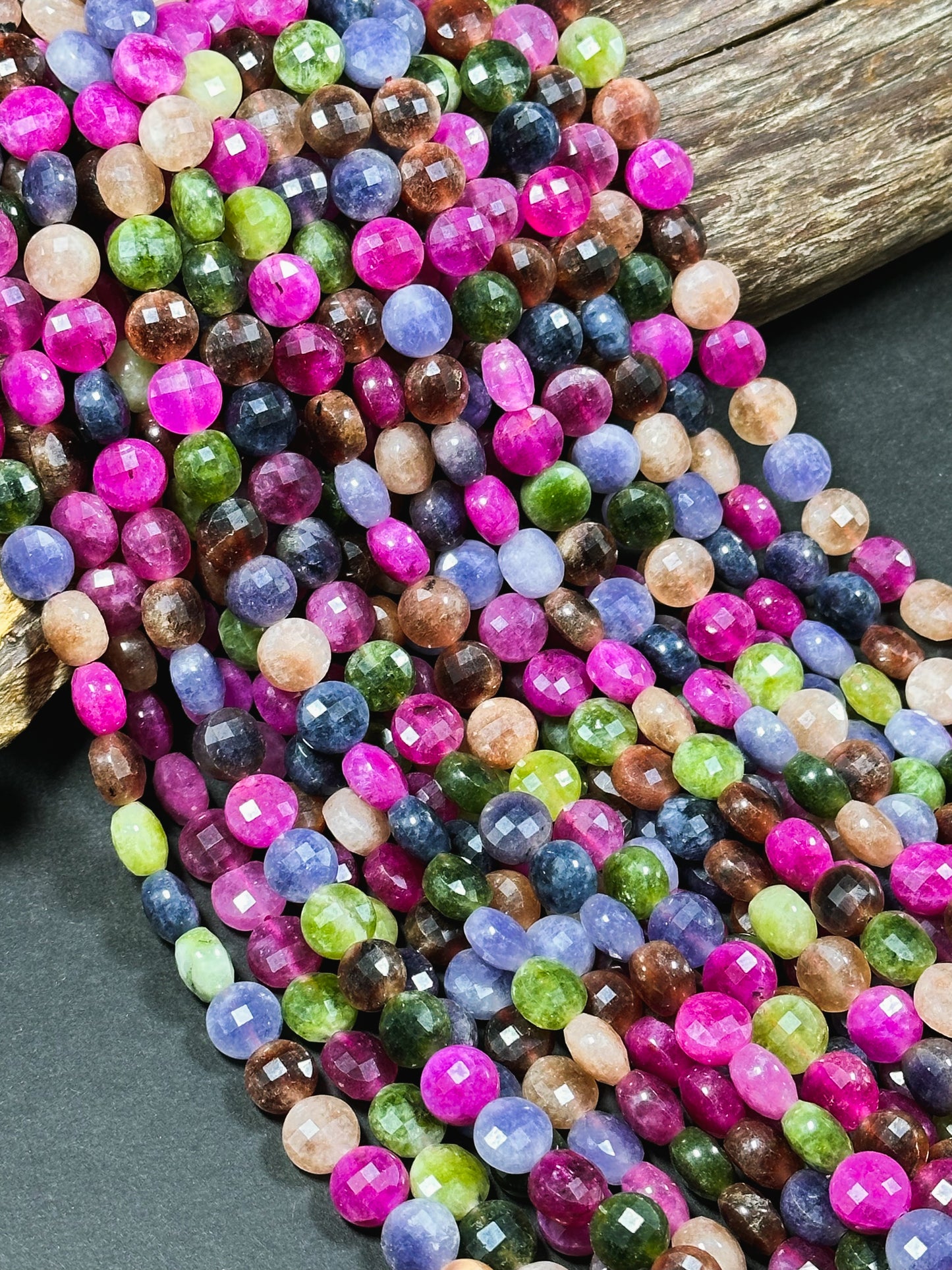 Natural Tourmaline Quartz Gemstone Bead Faceted 6mm 8mm 10mm Coin Shape, Beautiful Multicolor Tourmaline Beads, Excellent Quality Full Strand 15.5"