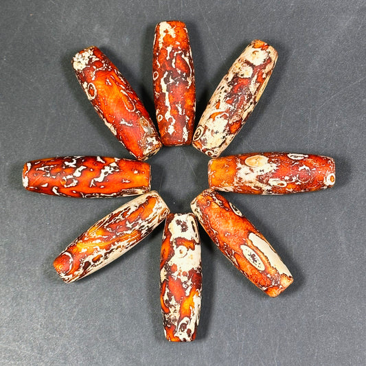 AAA Hand Painted Tibetan Gemstone Bead 39x13mm Barrel Shape Bead, Beautiful Orange Beige Color Unique Design Tibetan Agate LOOSE BEADS