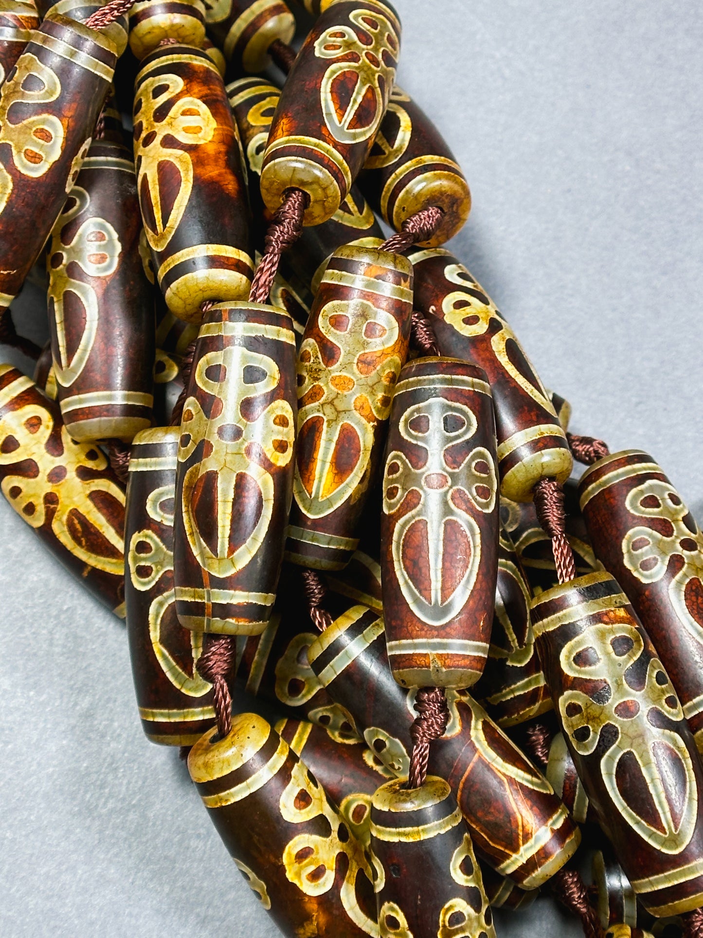 Natural Tibetan Gemstone Bead 39x14mm Barrel Shape Bead, Beautiful Brown Hand Painted Design Tibetan Beads, Great Quality Full Strand 15.5"
