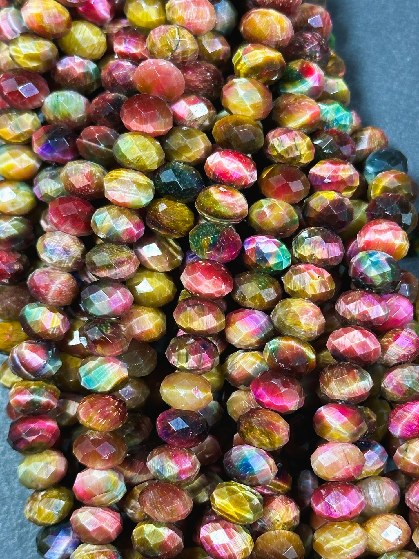 Natural Galaxy Tiger Eye Gemstone Bead Faceted 8x5mm Rondelle Shape, Gorgeous Multicolor Pink Golden Brown Color Tiger Eye Full Strand 15.5"