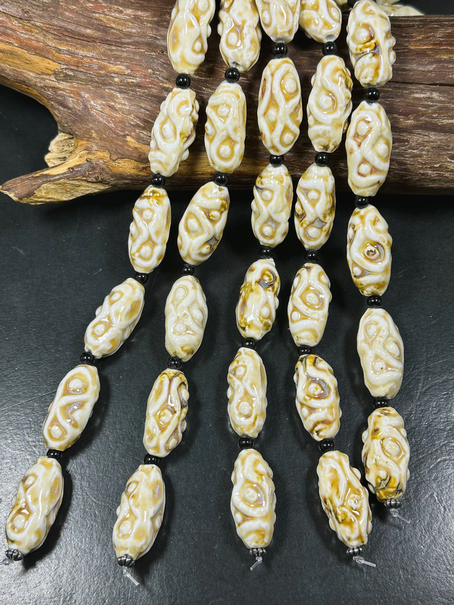 Beautiful Hand Painted Porcelain Beads, 35x16mm Unique Hand Painted Porcelain Barrel Shape Beads, Gorgeous Beige Color Porcelain Bead 9"