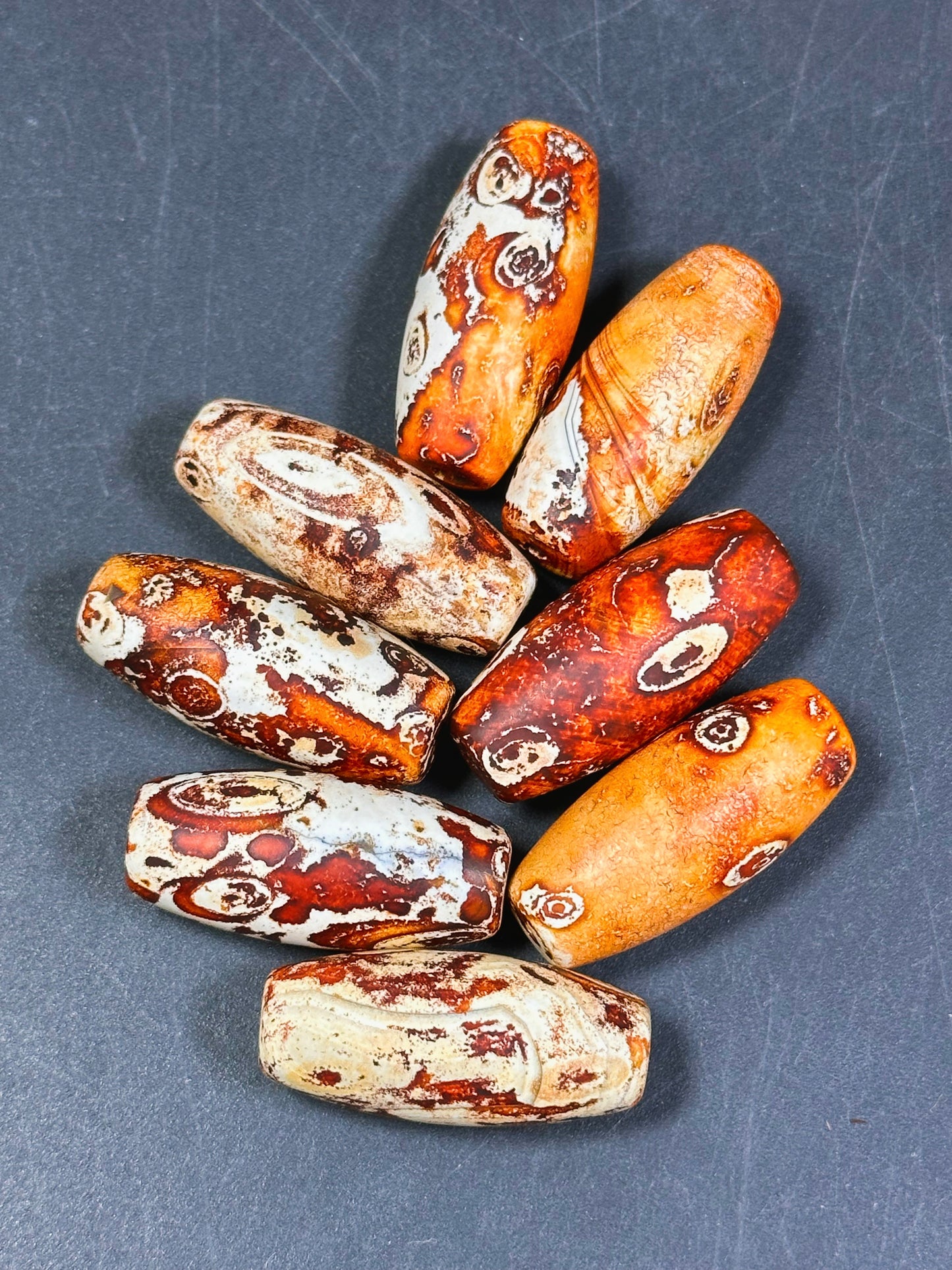 AAA Hand Painted Tibetan Gemstone Bead 29x13mm Barrel Shape Bead, Beautiful Orange Beige Color Unique Design Tibetan Agate LOOSE BEADS