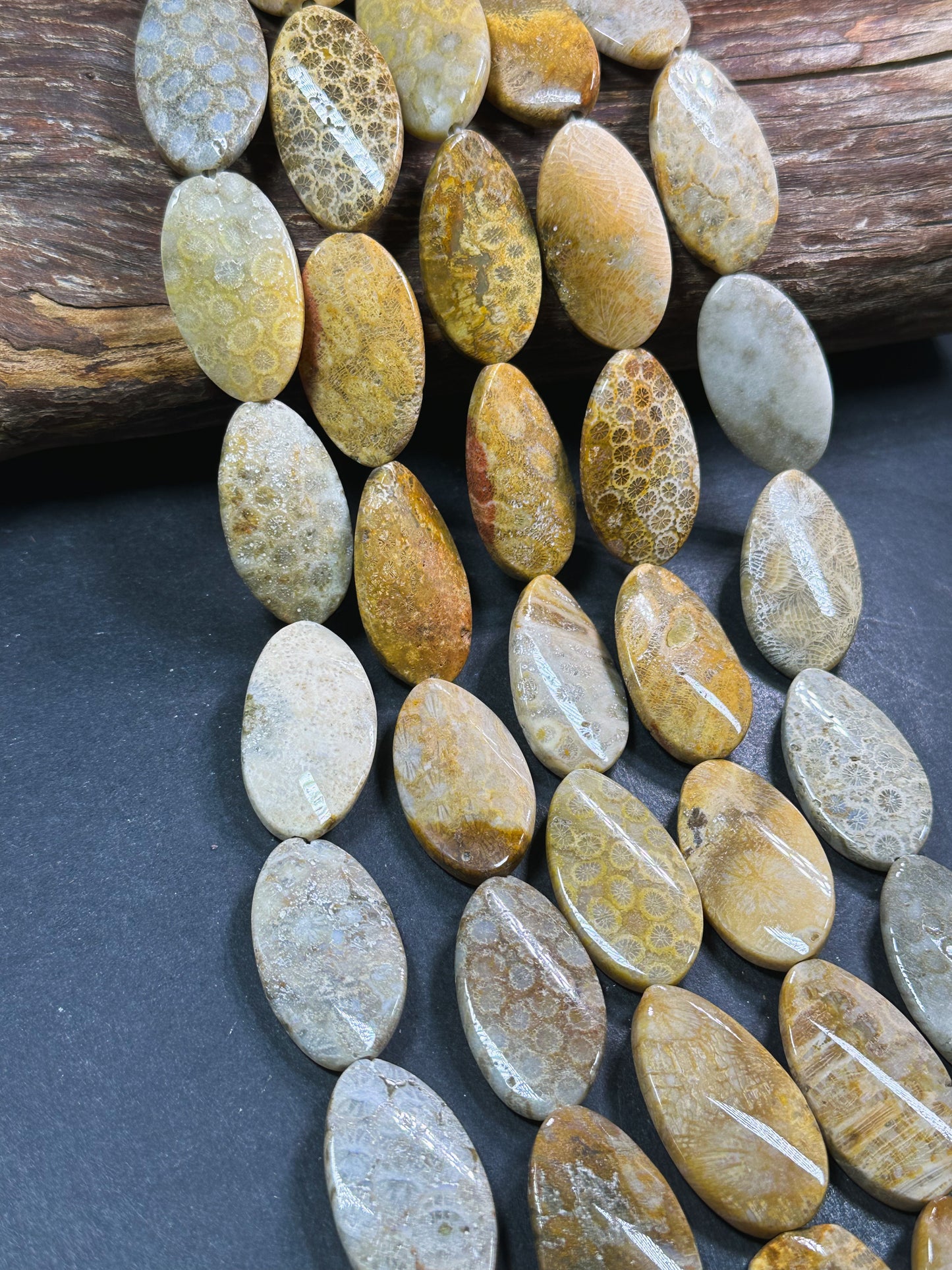 Natural Fossil Coral Gemstone Bead 35x20mm Curved Oval Shape, Beautiful Natural Beige Orange Color Fossil Coral Beads, Full Strand 15.5"