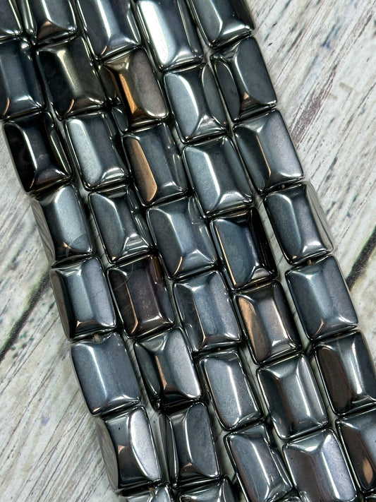 Natural Hematite Gemstone Bead Faceted 14x10mm Rectangle Shape Bead, Beautiful Metallic Gray Color Hematite Gemstone Bead, Full Strand 15.5"