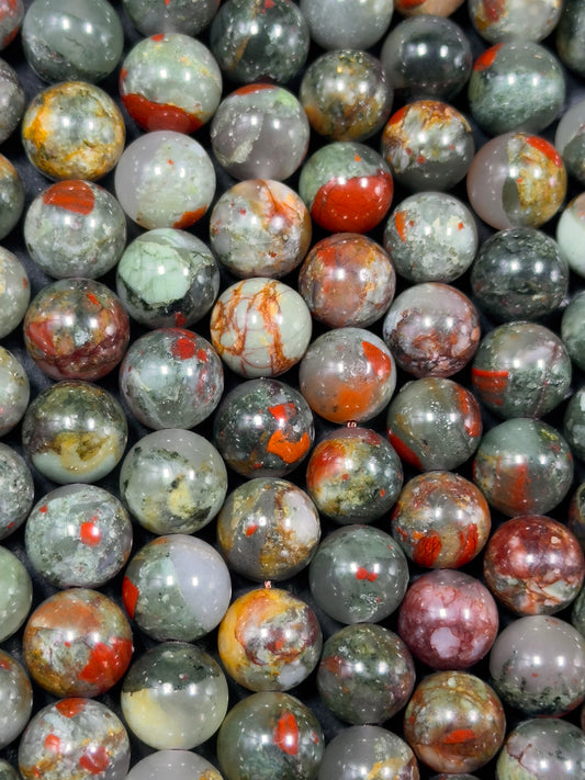 Natural African Bloodstone Gemstone Bead 8mm 10mm 11mm Round Beads, Beautiful Natural Red Gray Green Bloodstone Beads, Great Quality 15.5"
