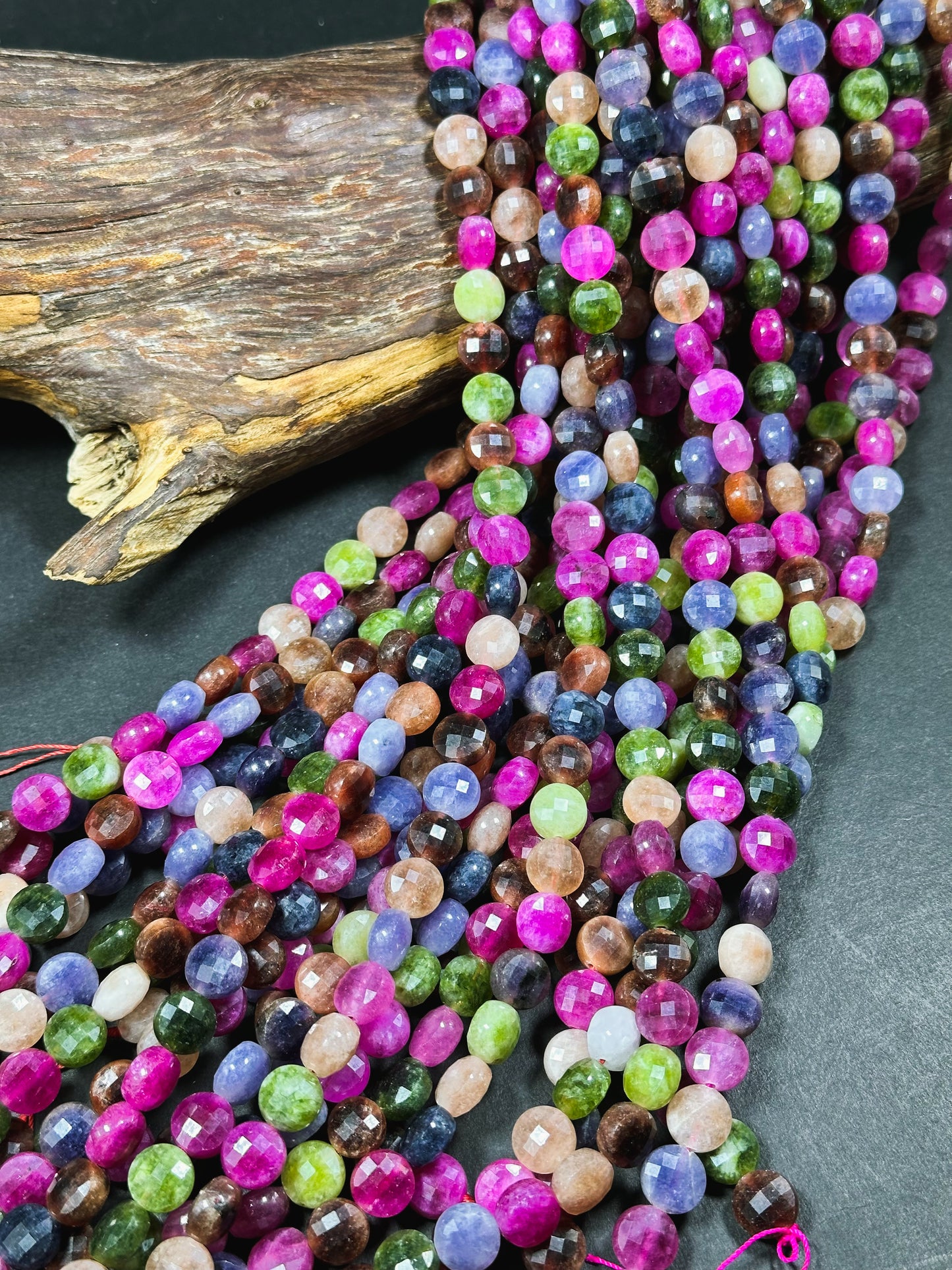 Natural Tourmaline Quartz Gemstone Bead Faceted 6mm 8mm 10mm Coin Shape, Beautiful Multicolor Tourmaline Beads, Excellent Quality Full Strand 15.5"