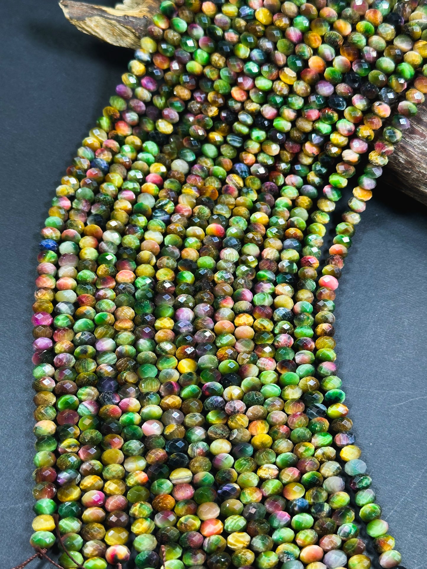 Beautiful Galaxy Tiger Eye Gemstone Bead Faceted 8x5mm Rondelle Shape, Gorgeous Multicolor Green Yellow Tiger Eye Beads Full Strand 15.5"