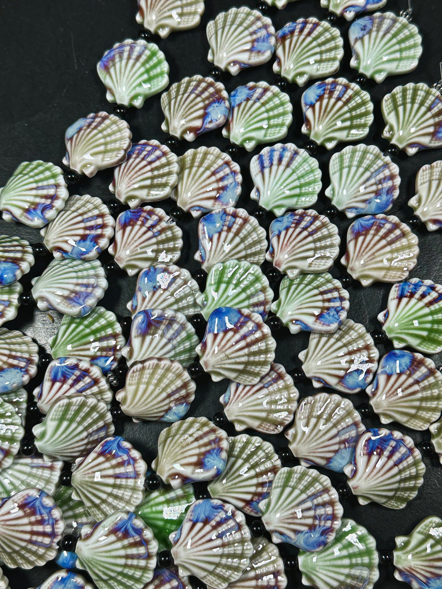 Beautiful Hand Painted Porcelain Beads, 31x28mm Unique Hand Painted Porcelain Scallop Shape Beads, Gorgeous Multicolor Porcelain Bead 9"