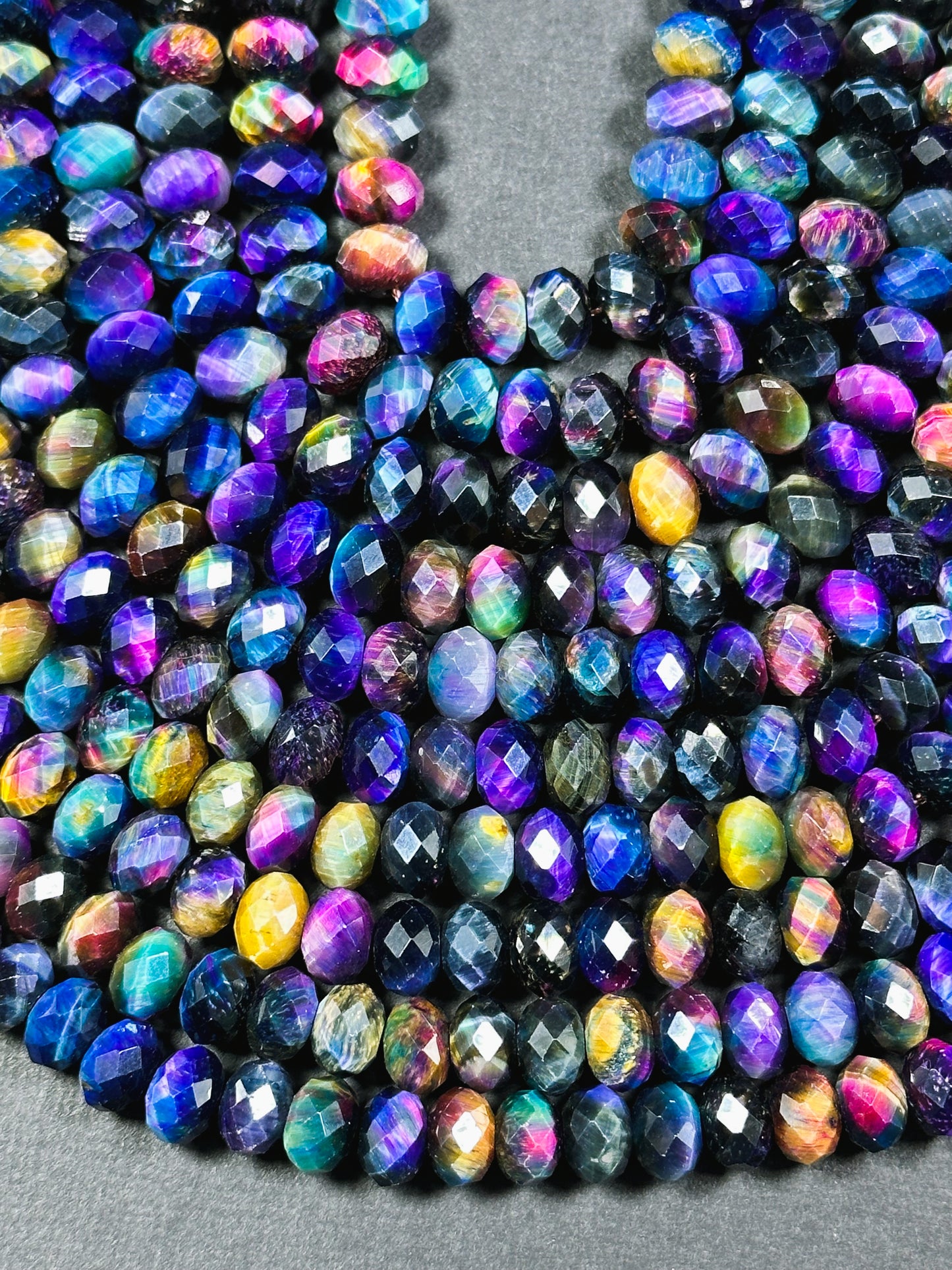 Beautiful Galaxy Tiger Eye Gemstone Bead Faceted 8x5mm Rondelle Shape, Gorgeous Rainbow Multicolor Galaxy Tiger Eye Beads Full Strand 15.5"