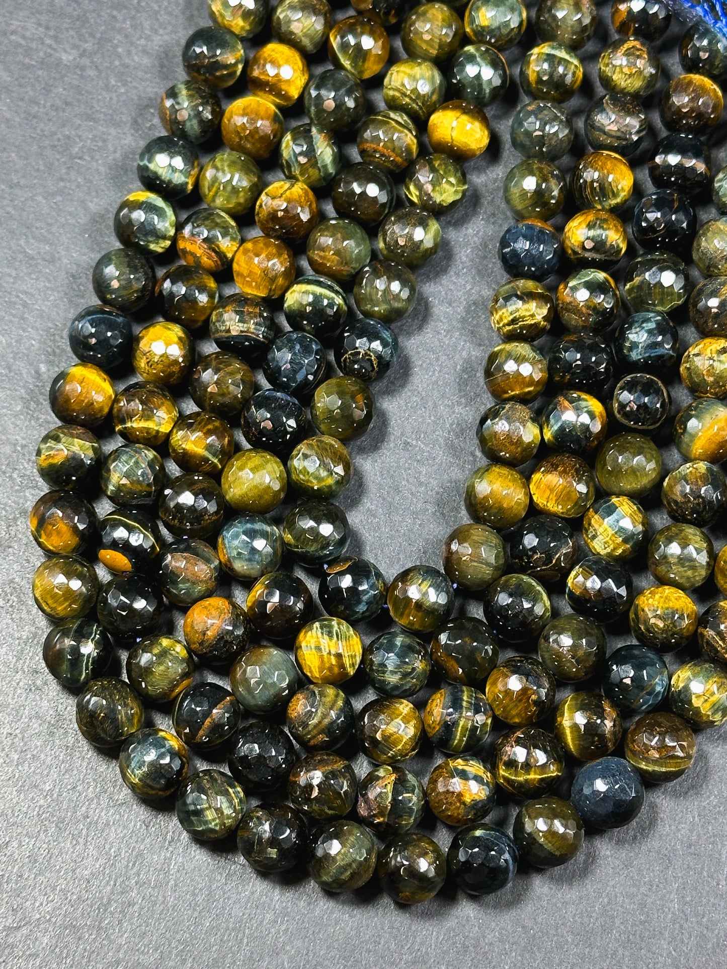 Natural Tiger Eye Gemstone Bead Faceted 6mm 8mm 10mm Round Beads, Beautiful Natural Brown Navy Blue Color Tiger Eye Stone Beads 15.5" Strand