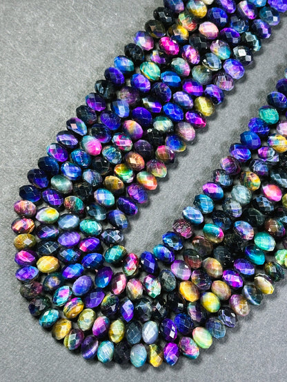 Beautiful Galaxy Tiger Eye Gemstone Bead Faceted 8x5mm Rondelle Shape, Gorgeous Rainbow Multicolor Galaxy Tiger Eye Beads Full Strand 15.5"