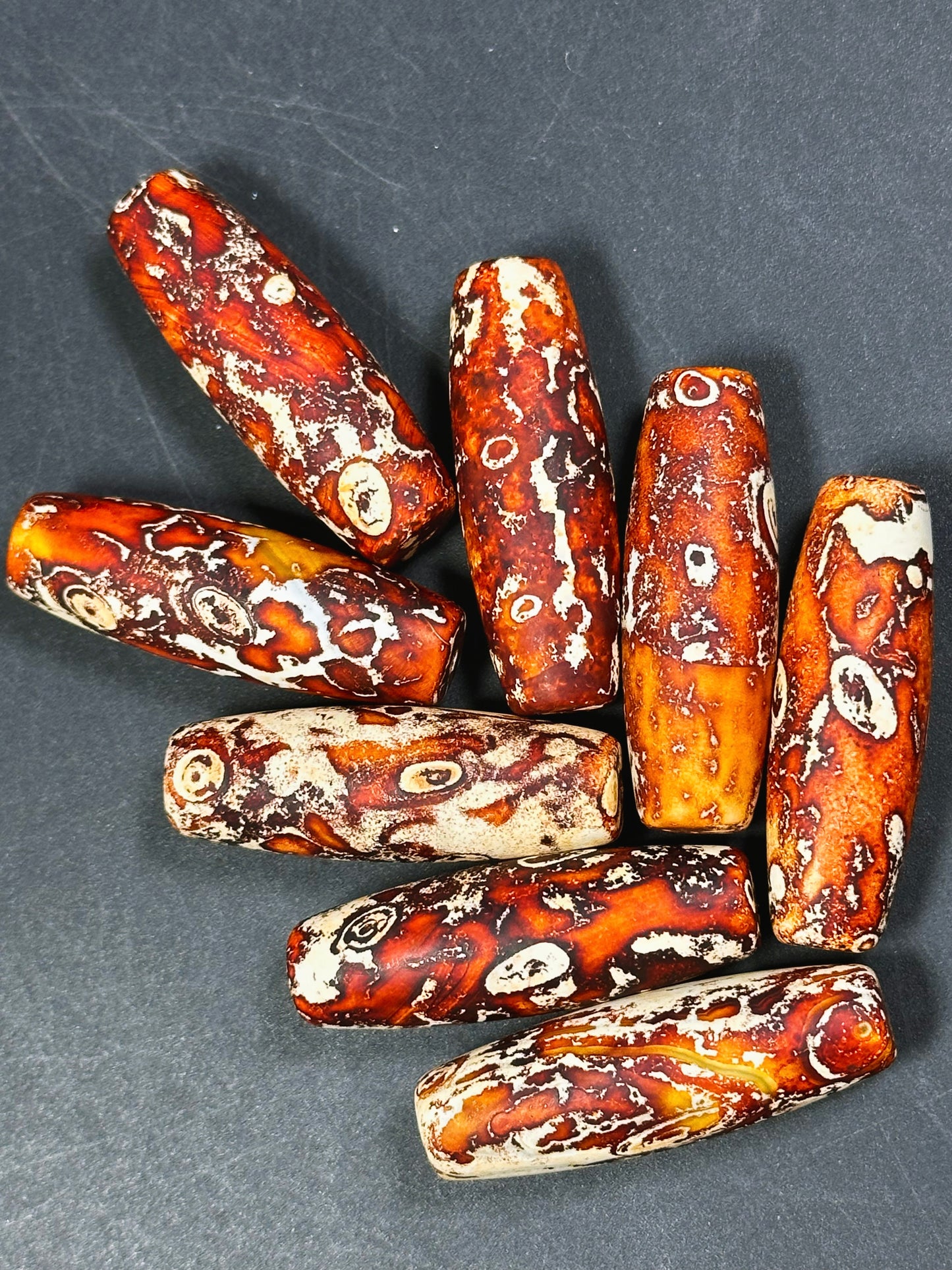AAA Hand Painted Tibetan Gemstone Bead 39x13mm Barrel Shape Bead, Beautiful Orange Beige Color Unique Design Tibetan Agate LOOSE BEADS