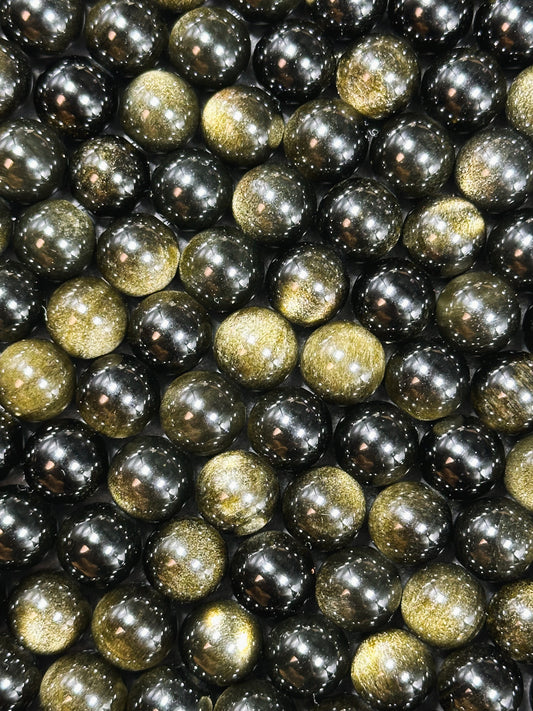 AAA Natural Gold Obsidian Gemstone Bead 6mm 8mm 10mm Round Bead, Gorgeous Black Gold Sheen Obsidian Bead, Excellent Quality Full Strand 15.5