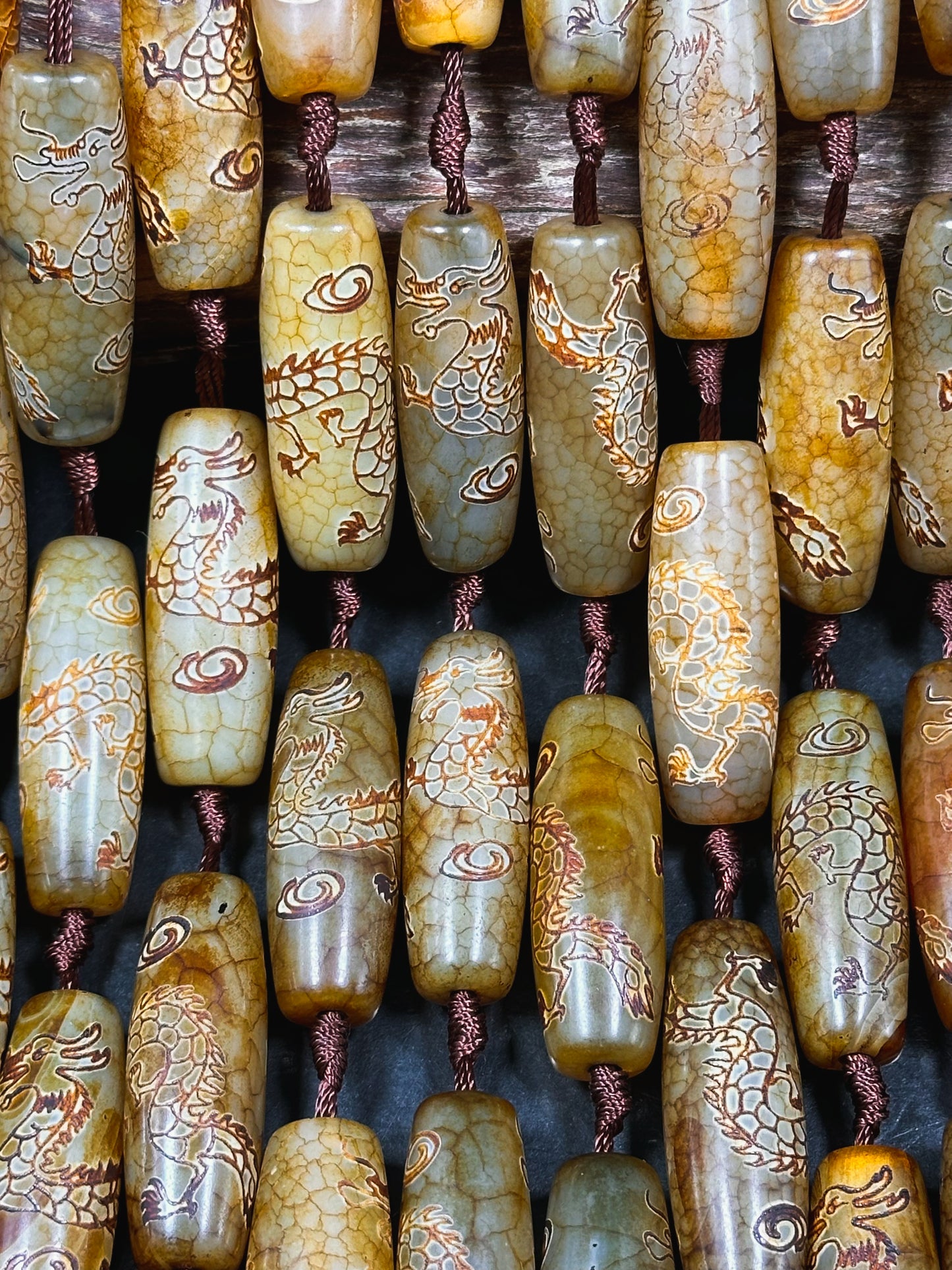 Natural Hand Carved Tibetan Gemstone Bead 40x13mm Barrel Shape Bead, Beautiful Unique Hand Carved Dragon Design Tibetan Agate, 15.5" Strand