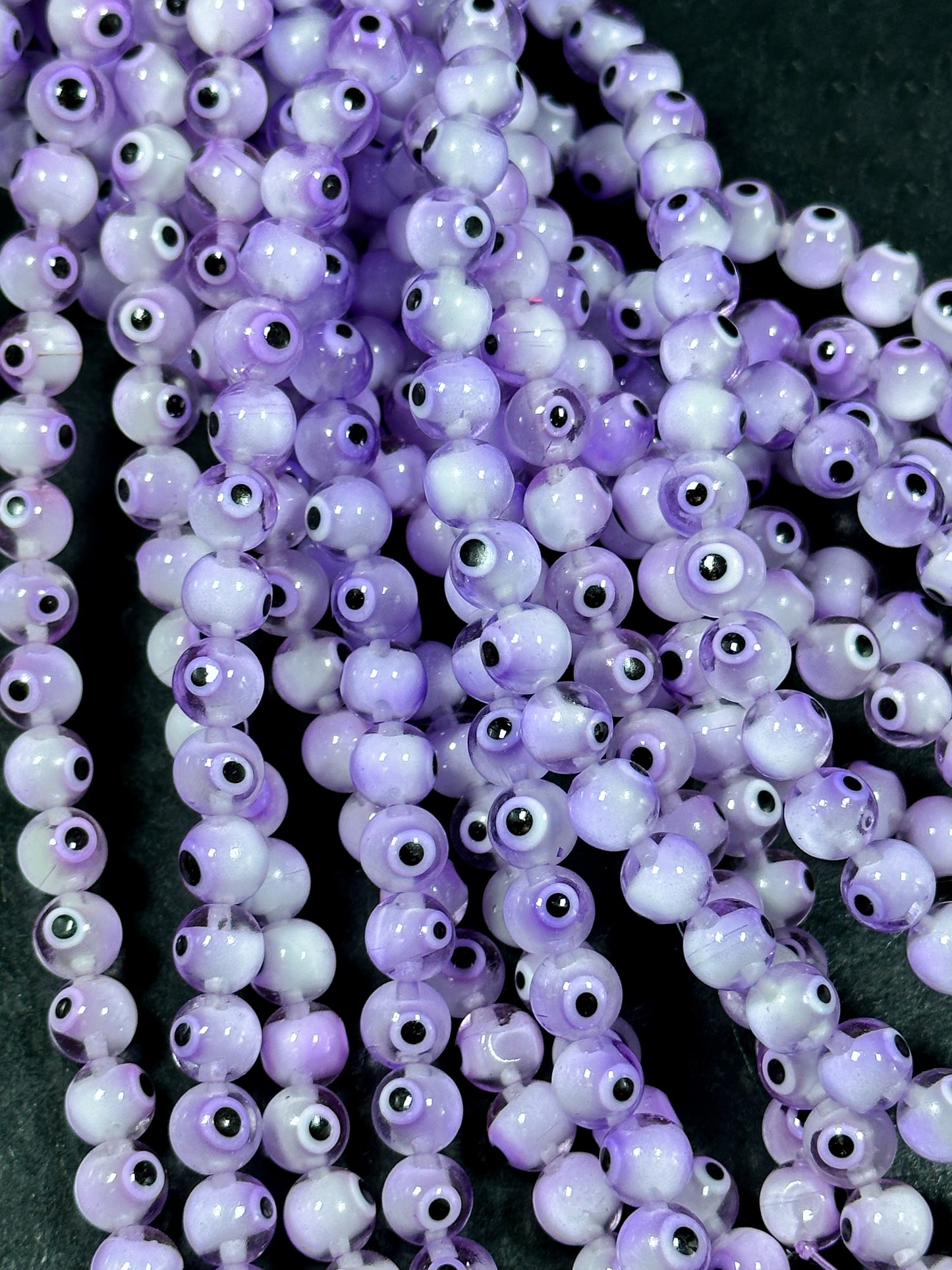 Beautiful Light Purple Evil Eye Glass Beads 4mm 8mm Round Beads, Beautiful Clear Light Purple Evil Eye Amulet Glass Beads, Full Strand Beads