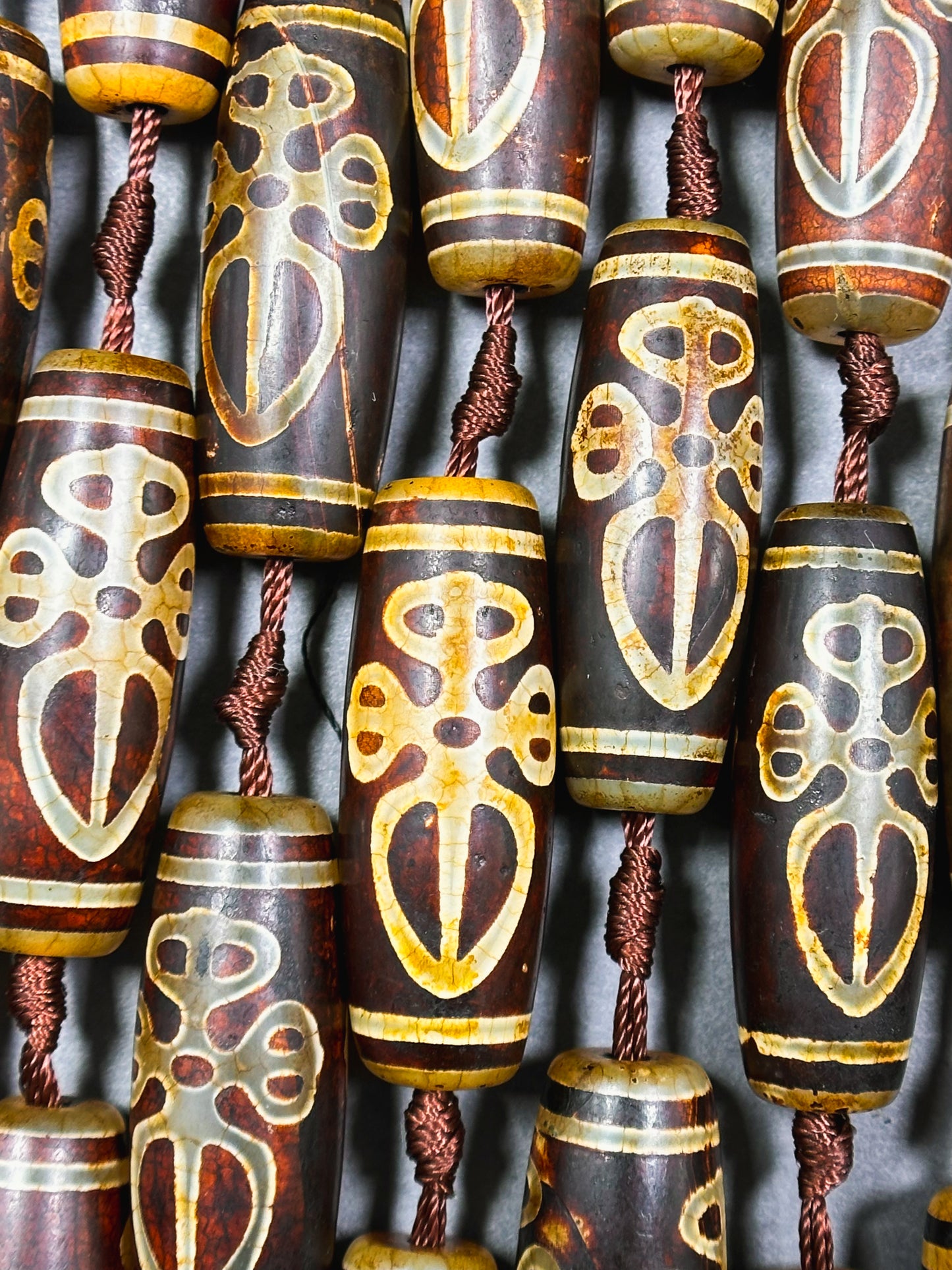 Natural Tibetan Gemstone Bead 39x14mm Barrel Shape Bead, Beautiful Brown Hand Painted Design Tibetan Beads, Great Quality Full Strand 15.5"
