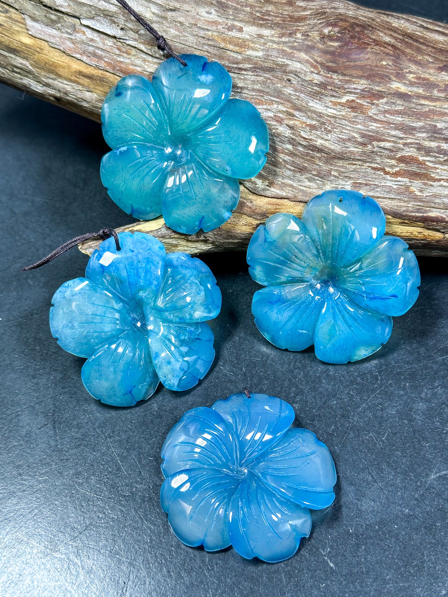 NATURAL Hand Carved Blue Cherry Blossom Flower Agate Gemstone Pendant 54mm Flower Shape, Gorgeous Blue Color Cherry Blossom Loose Pendant