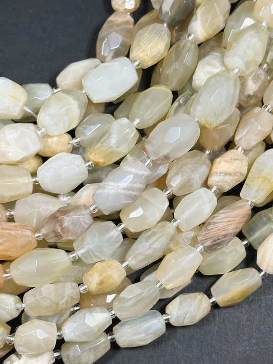 Natural Moonstone Gemstone Bead Faceted 15x10mm Barrel Shape, Beautiful Cream Beige Color Moonstone Bead Great Quality Full Strand 15.5"