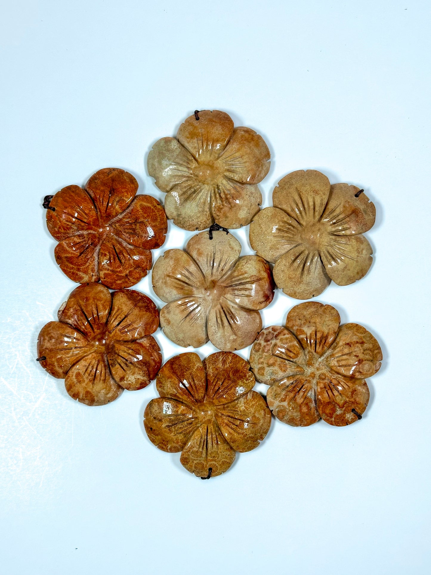 Hand Carved Natural Fossil Coral Gemstone Pendant 54mm Flower Shape, Beautiful Orange Red Beige Color Hand Carved Loose Fossil Coral Pendant