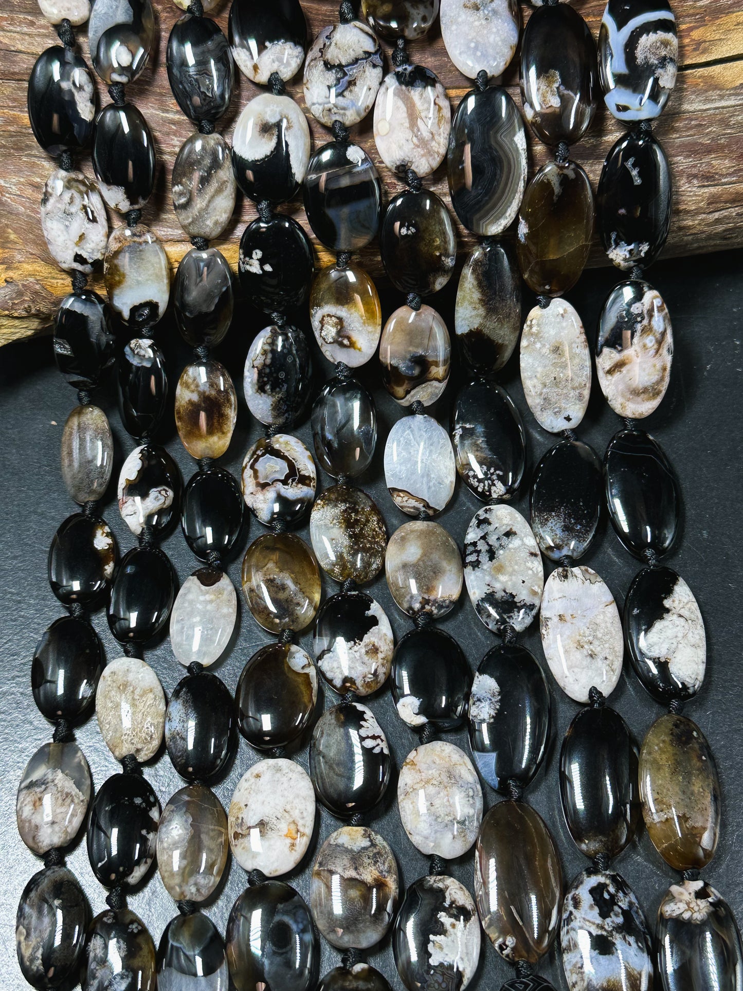 Natural Black Blossom Flower Agate Gemstone Bead, Oval Shape, Gorgeous Natural Black Beige Color Flower Agate Beads, Excellent Quality 15.5"