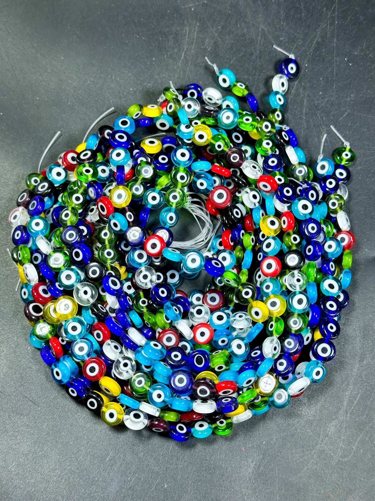 Beautiful Evil Eye Glass Beads 6mm 10mm Flat Coin Shape, Beautiful Multicolor Rainbow Evil Eye Glass Beads, Religious Amulet Prayer Beads